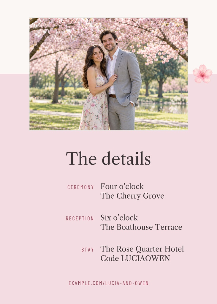 Portrait wedding details card with a couple photo, cherry blossom accents, and pink background