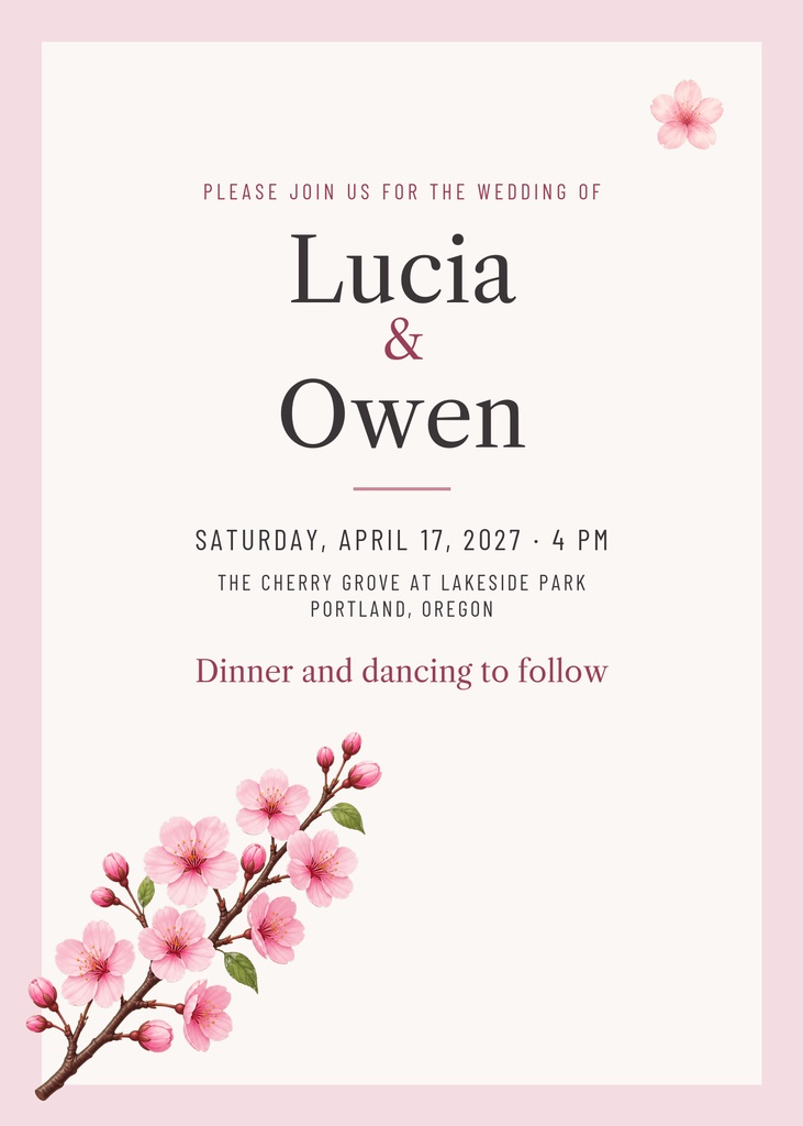Portrait wedding invitation with pink cherry blossom flowers and centered text on a soft blush background.