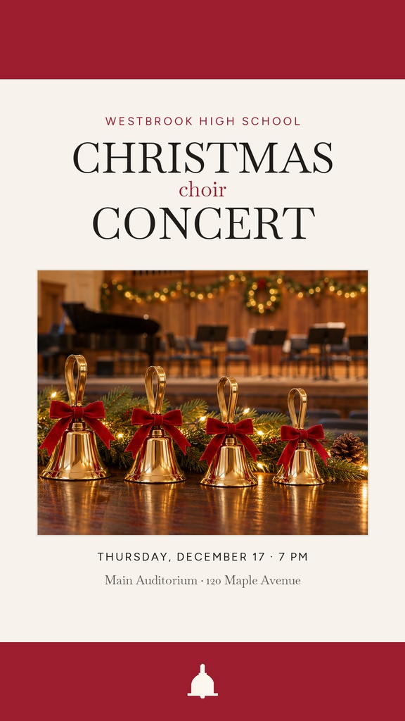 Portrait Christmas choir concert poster with bells, red ribbon, and school event details.