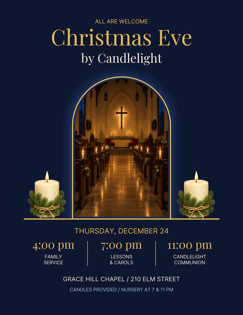 Church Christmas Eve candlelight service flyer with a lit sanctuary, candles, and service times.