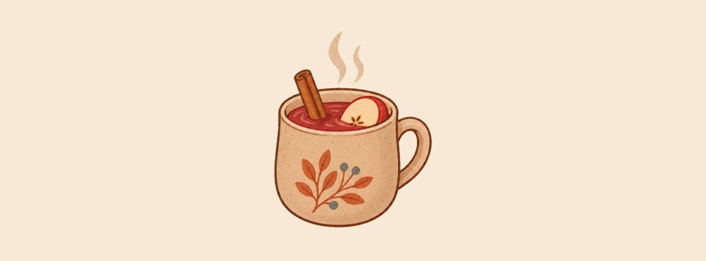 Illustrated mug of hot cider with apple slice and cinnamon stick on a beige background.