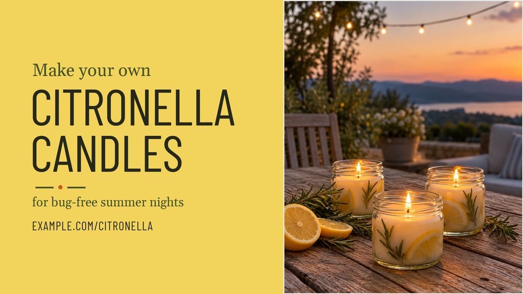 Landscape graphic with citronella candles on a patio at sunset and bold text on a yellow panel.