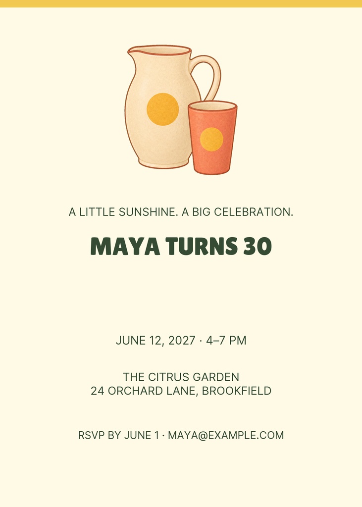 Portrait invitation with citrus pitcher and cup illustration for Maya’s 30th birthday.