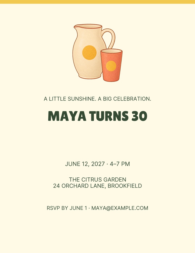 Portrait birthday flyer with citrus pitcher and cup illustration and party details for Maya turns 30