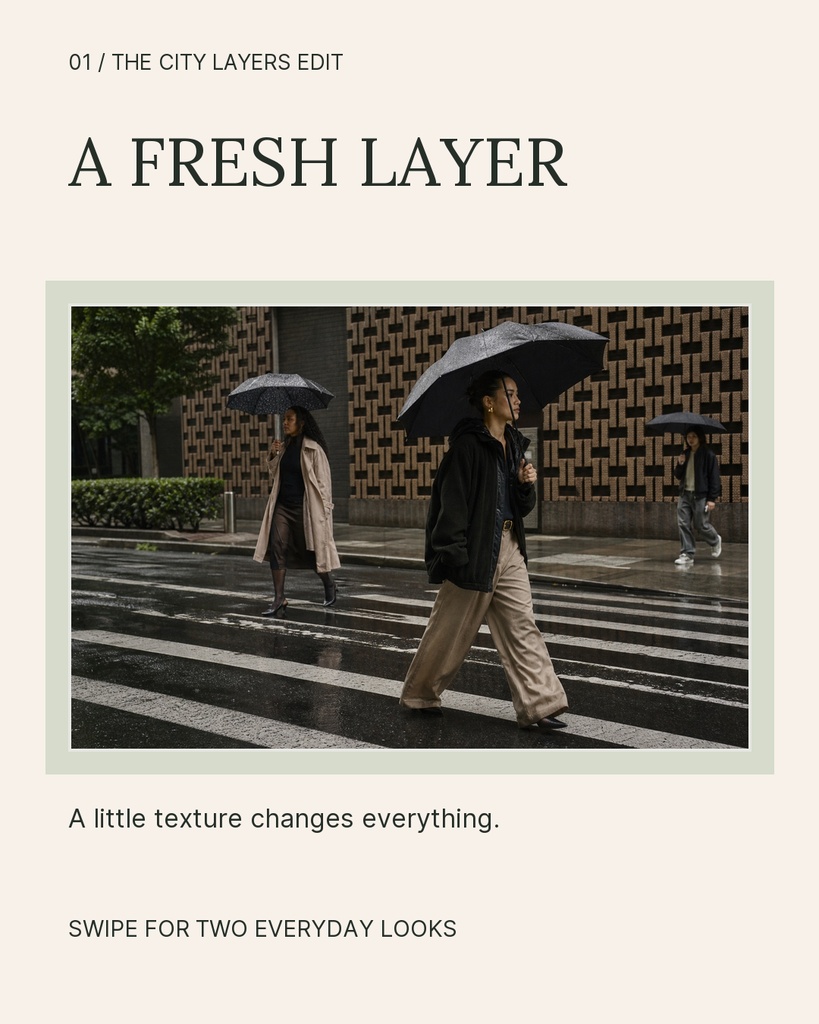 Editorial fashion template with a city street photo, large serif headline, and muted cream layout.