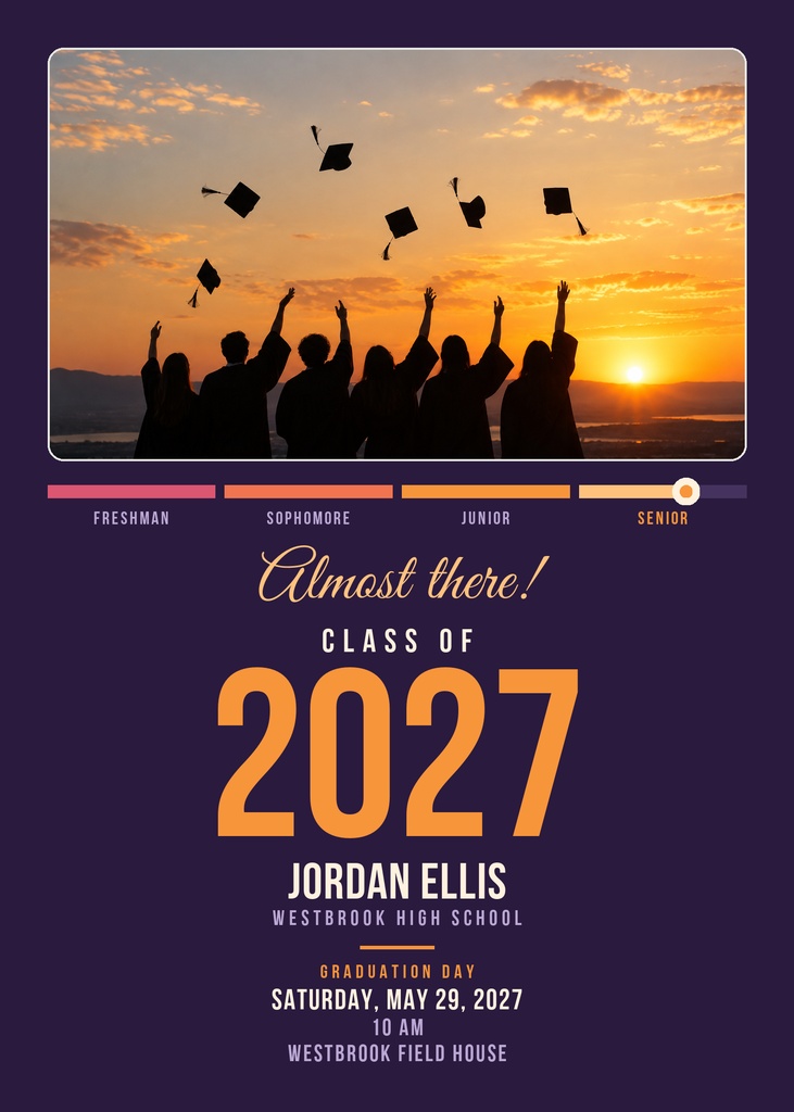 Silhouetted graduates toss caps in front of a sunset above Class of 2027 invitation text.