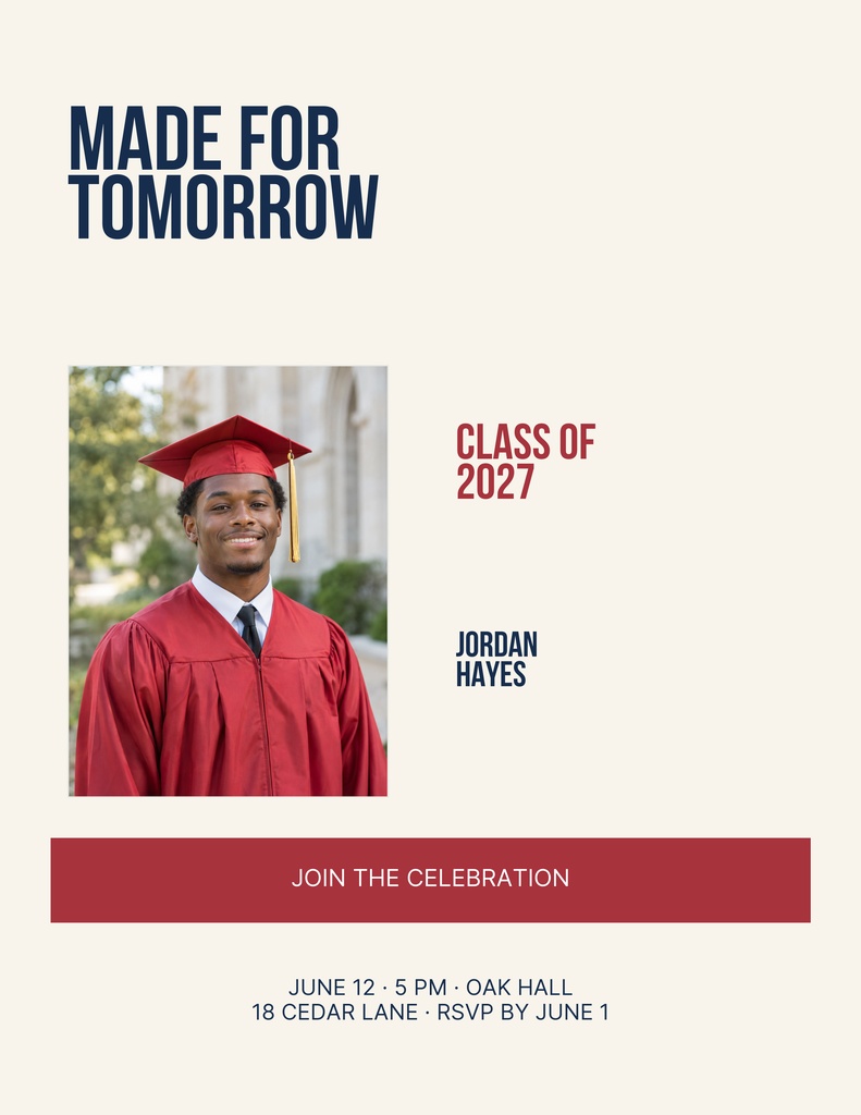 Portrait graduation flyer with a graduate photo, class of 2027 text, and event details.