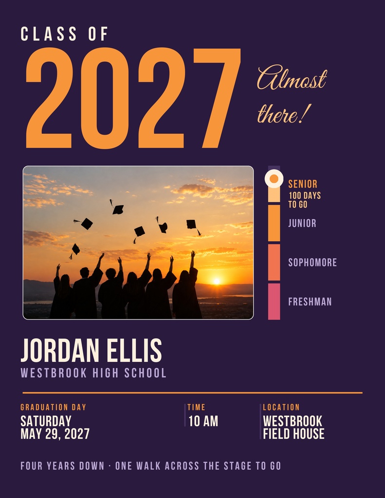 Graduation flyer with Class of 2027 text, sunset photo, and school event details on a dark background.