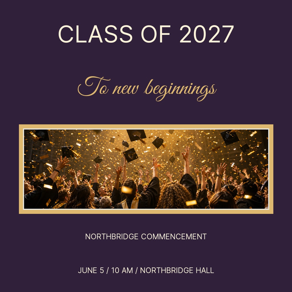Purple graduation square post with Class of 2027, gold script text, and a confetti ceremony photo.