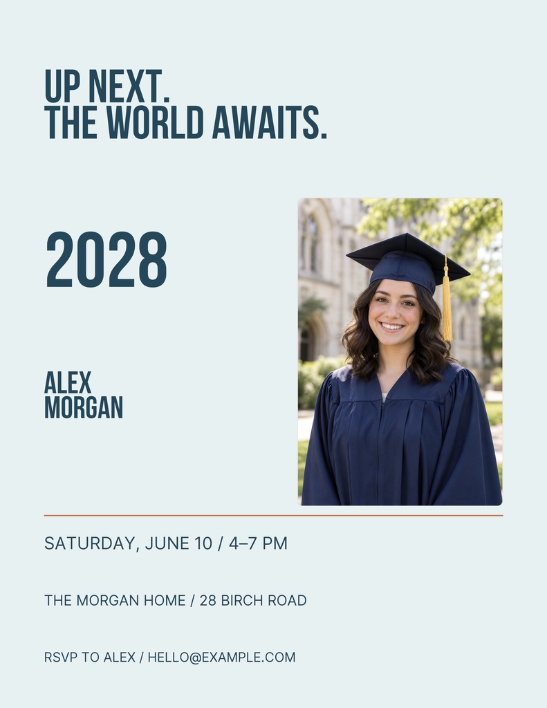 Minimal graduation flyer with a graduate portrait, Class of 2028 text, and event details.