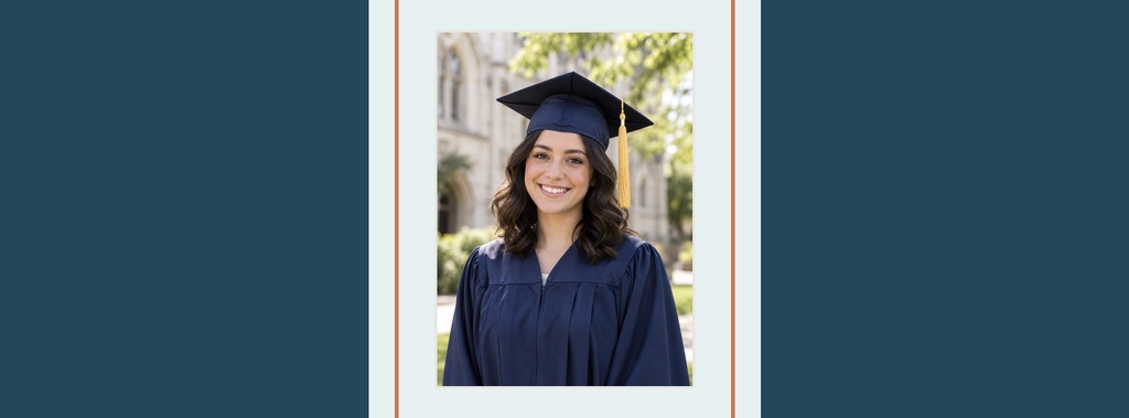 Graduate portrait in cap and gown framed on a simple page cover layout