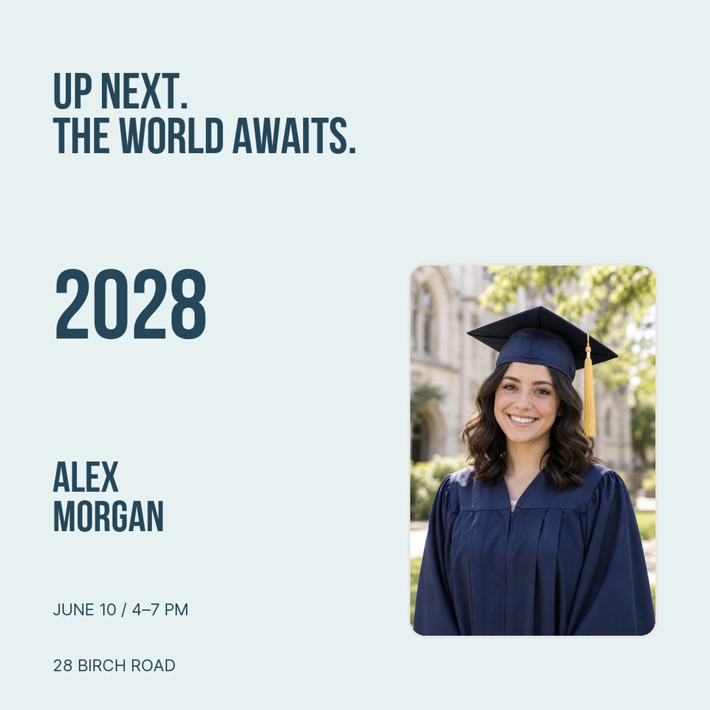 Square graduation post with a graduate portrait, large 2028 text, and event details on a light background.