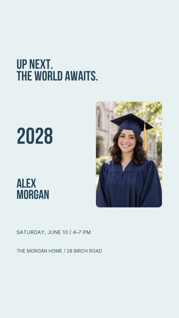 Instagram story design with a graduate portrait, Class of 2028 text, and event details on a light background.