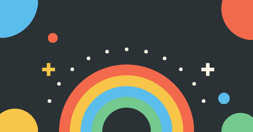 Colorful abstract banner with a rainbow arc, dots, and rounded shapes on a dark background
