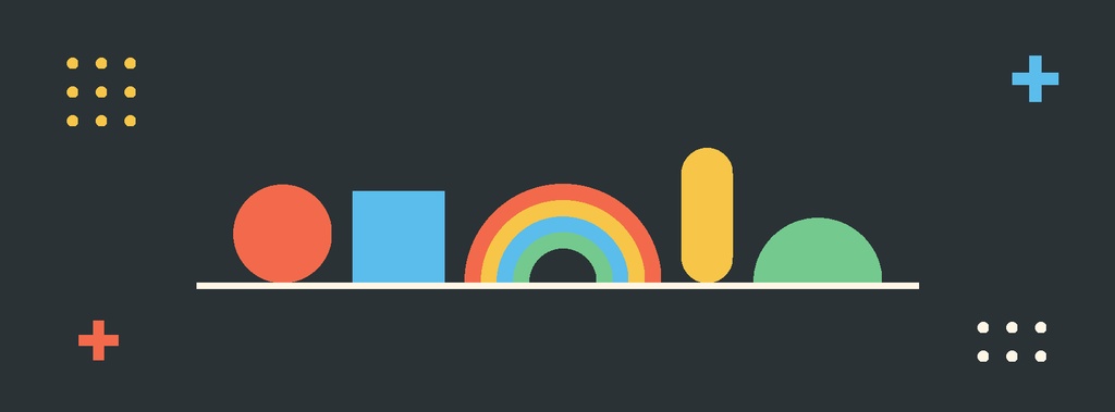 Abstract colorful shapes on a dark background with circles, blocks, rainbow arch, and dots.