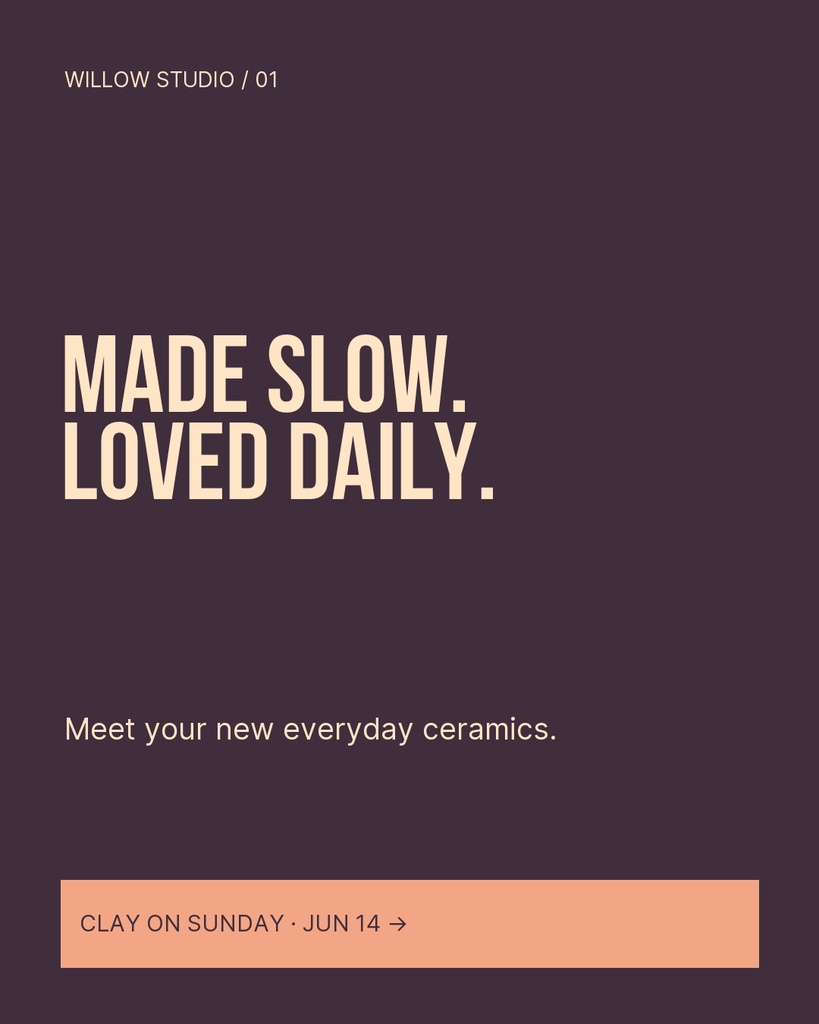 Portrait poster with dark plum background and beige text promoting Clay on Sunday and handmade ceramics.