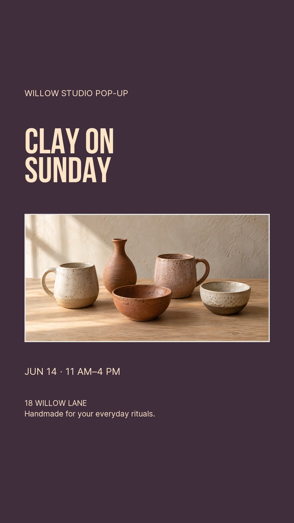 Portrait Instagram story template with pottery photo and Clay on Sunday text on a dark background