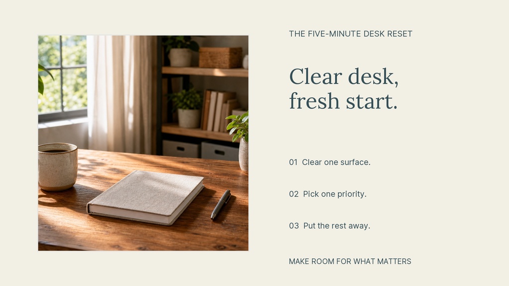 Minimal workspace scene with a notebook on a wooden desk and text about a five-minute desk reset.