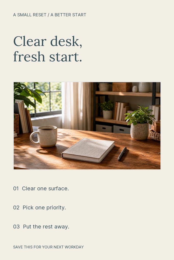 Portrait Pinterest pin with a desk photo, large clear desk fresh start title, and three simple tips.