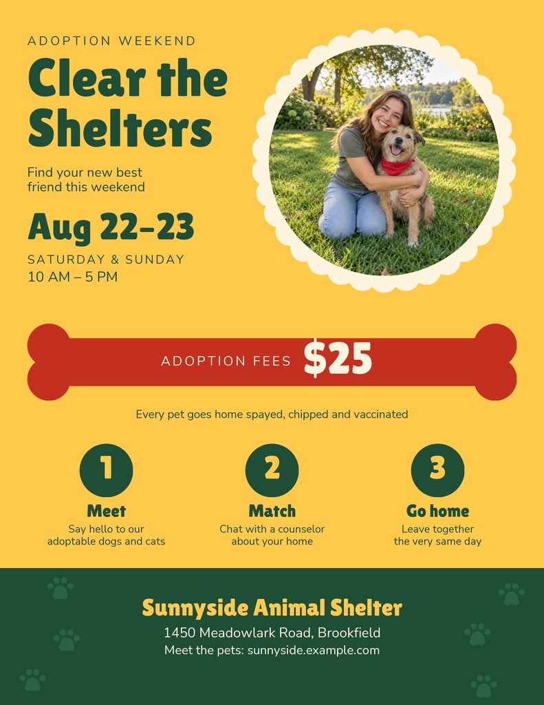 Yellow pet adoption flyer with a woman hugging a dog in a circular photo frame.