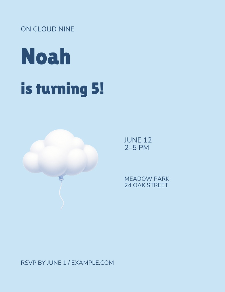 Light blue birthday flyer with fluffy cloud balloons and text for Noah turning 5