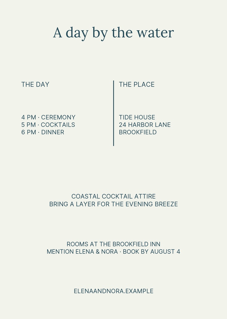 Portrait wedding details card with a soft cream background and coastal event information.