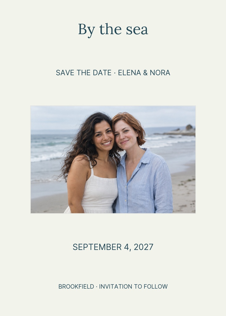 Portrait save the date card with a beach photo of two women and the text By the sea.