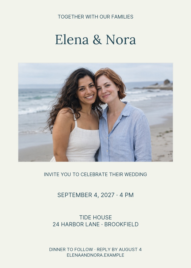 Portrait wedding invitation with a couple photo, coastal theme, and elegant text layout.