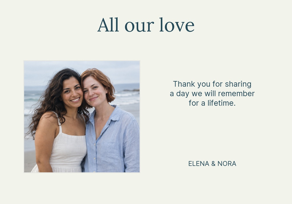 Minimal thank you card with couple photo, coastal background, and centered wedding message.