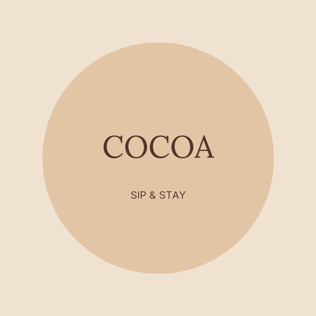 Beige square design with a large tan circle and the words Cocoa and Sip & Stay.
