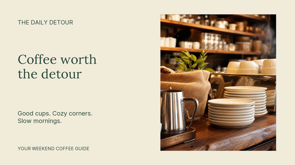 Minimal beige coffee guide layout with cafe photo, headline, and weekend guide text