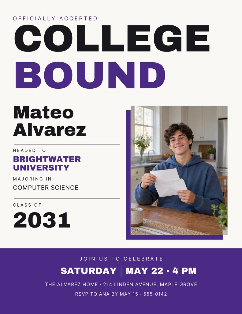 Portrait flyer announcing college acceptance with student photo, bold College Bound headline, and purple event details.