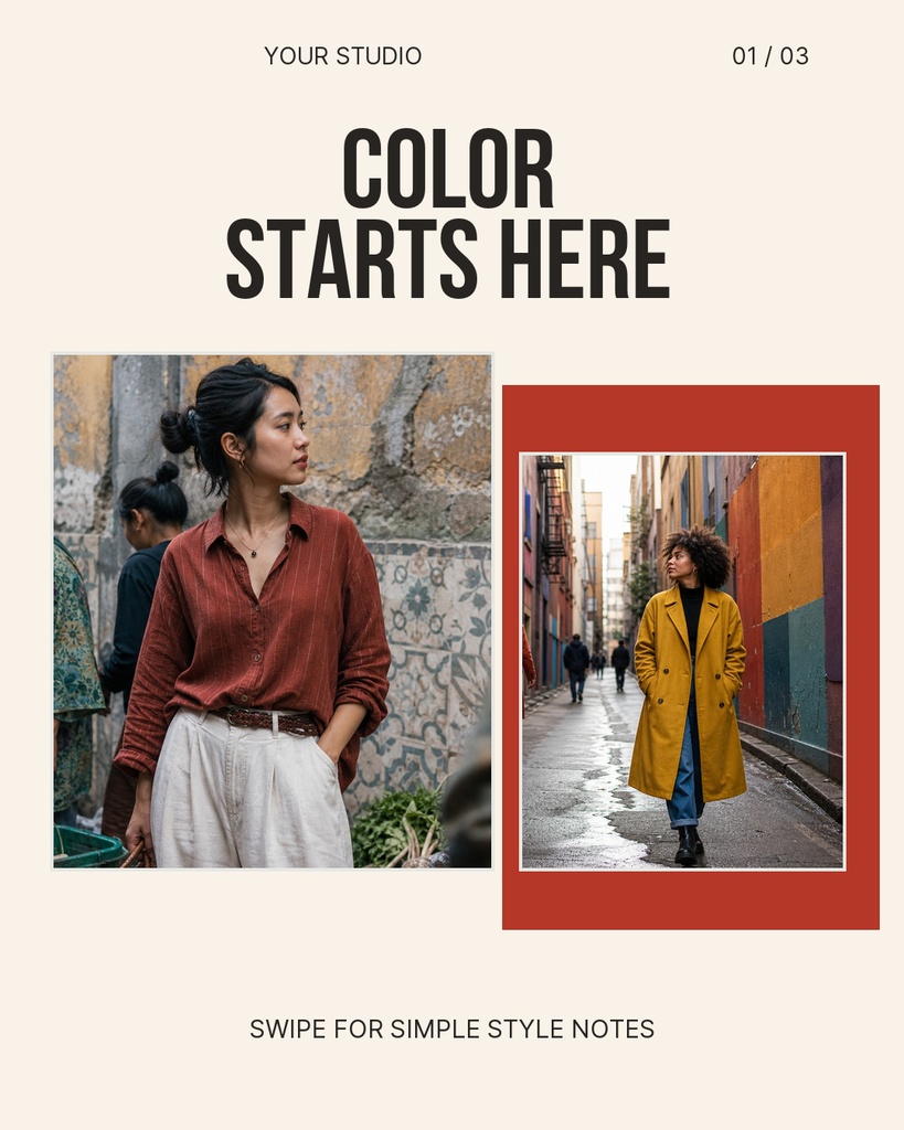Instagram carousel opening page with two fashion photos, bold title text, and a minimal editorial layout.