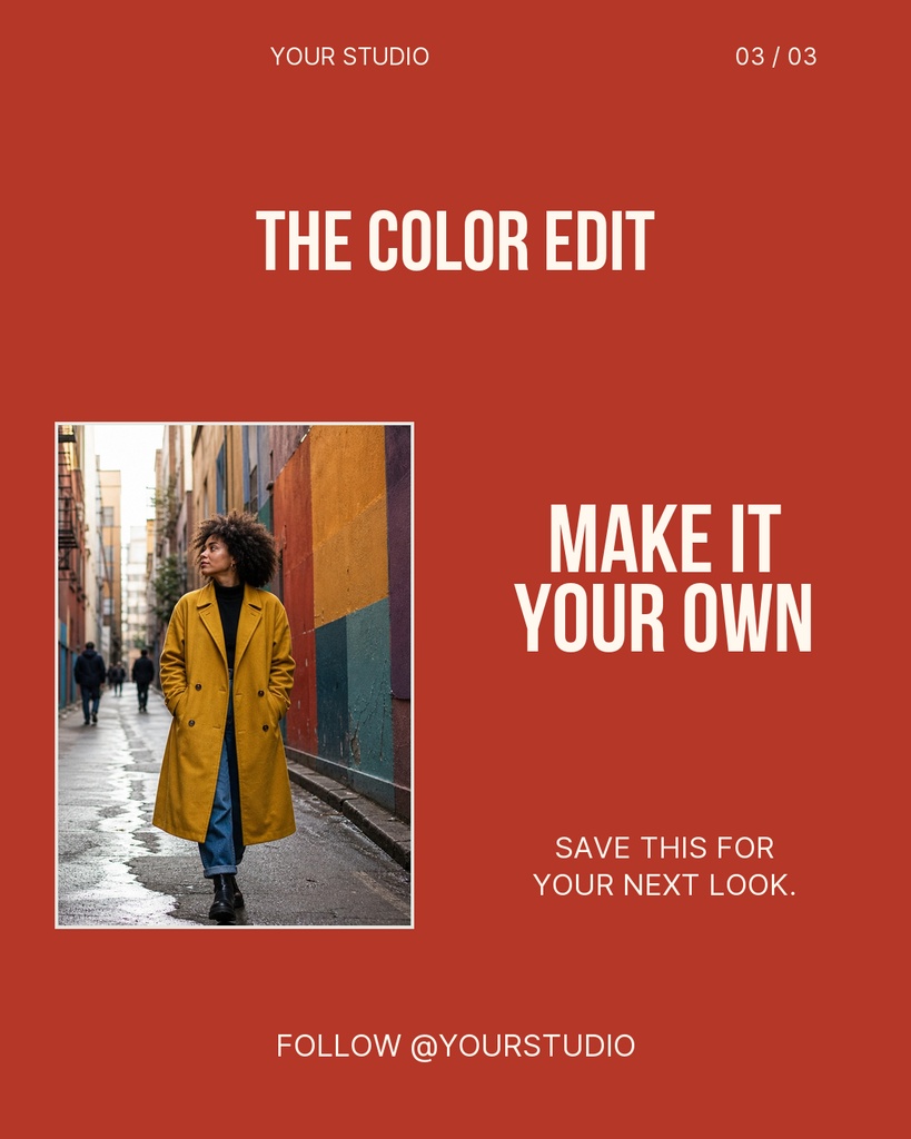 Red Instagram carousel closing page with bold white text and a portrait photo of a person in a yellow coat.