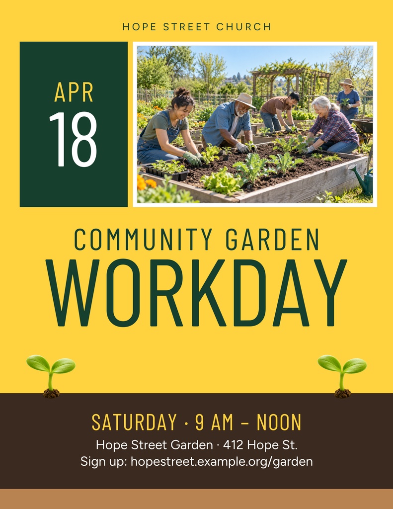 Church community garden workday flyer with date, garden photo, and volunteer event details.