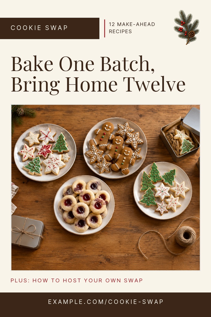 Pinterest-style cookie swap recipe pin with assorted Christmas cookies on plates.