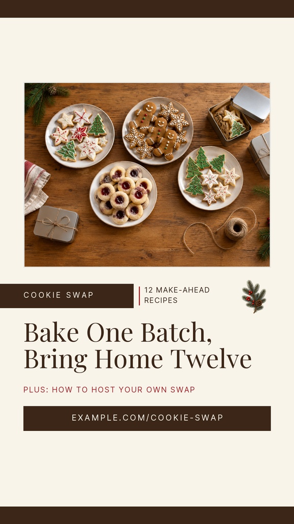 Instagram Story template with four plates of decorated Christmas cookies on a wooden table and holiday text below.