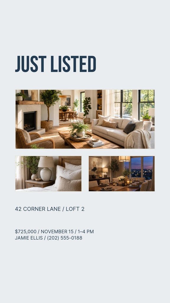 Portrait real estate template with 'Just Listed' headline, loft interior photos, address, price, and agent contact.