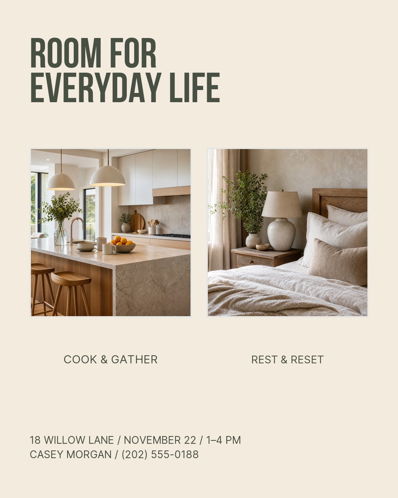 Portrait real estate template with kitchen and bedroom photos, listing details, and agent contact information.