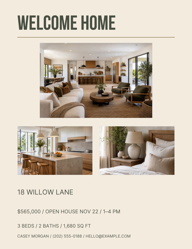 Portrait real estate flyer with welcome home heading, cottage photos, price, beds, baths, and agent contact details