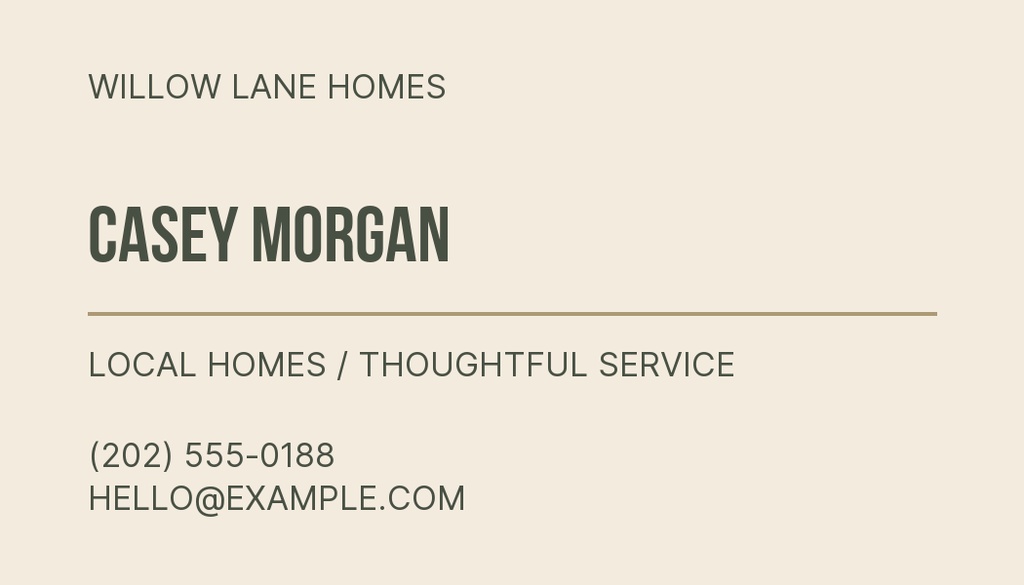 Minimal landscape real estate contact card with agent name, phone number, email, and Willow Lane Homes branding.