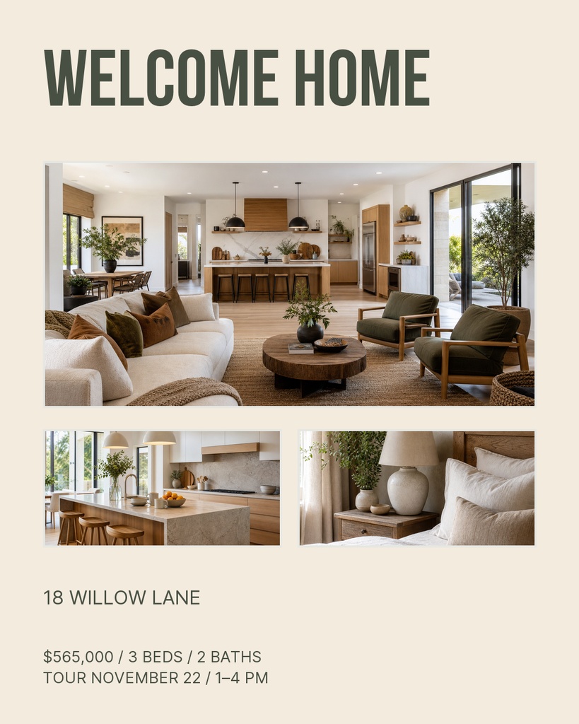 Portrait real estate post with living room, kitchen, and bedroom photos for Willow Lane listing