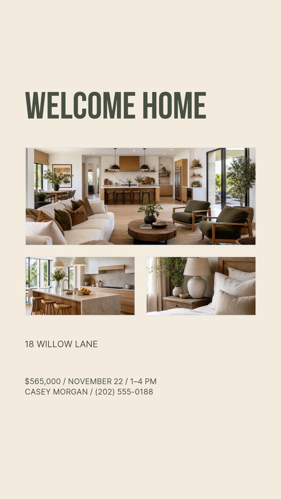 Portrait real estate template with Welcome Home headline, home photos, address, open house details, and agent contact.