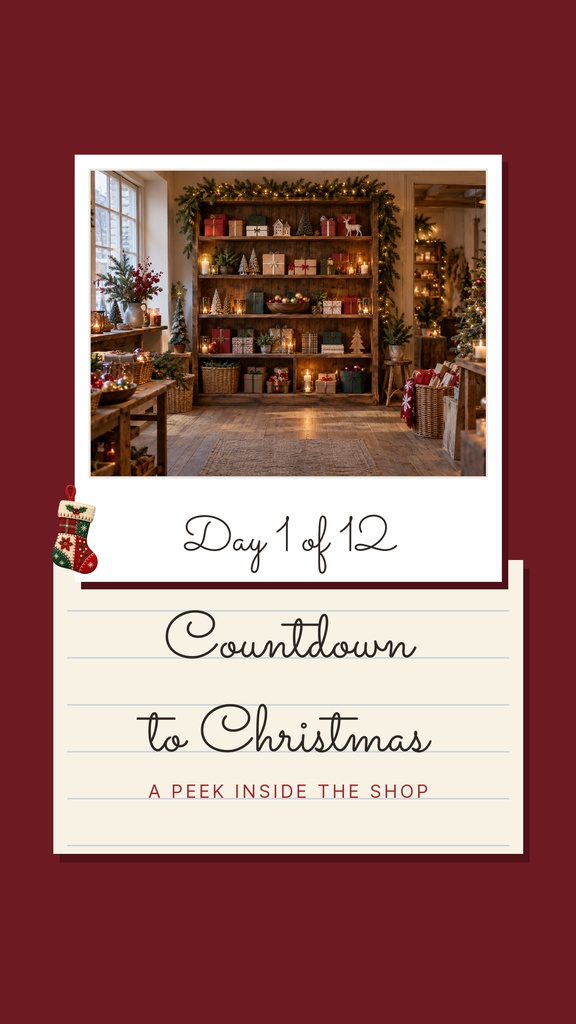 Festive countdown to Christmas design with a shop interior photo and handwritten text on a burgundy background.