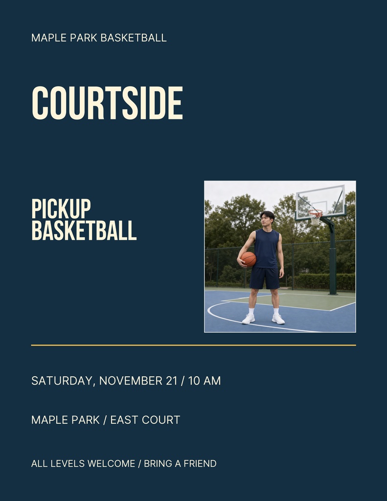 Portrait basketball flyer with dark blue background, player photo, and courtside event details.