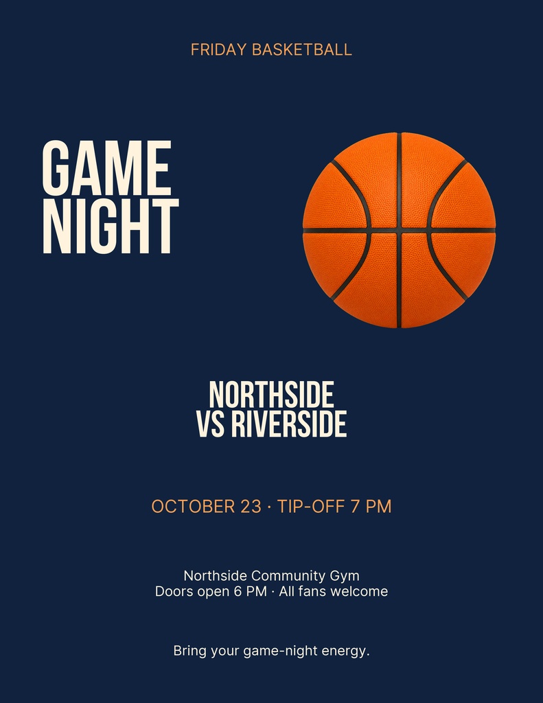 Portrait basketball flyer with a navy background, orange basketball, and game night text.