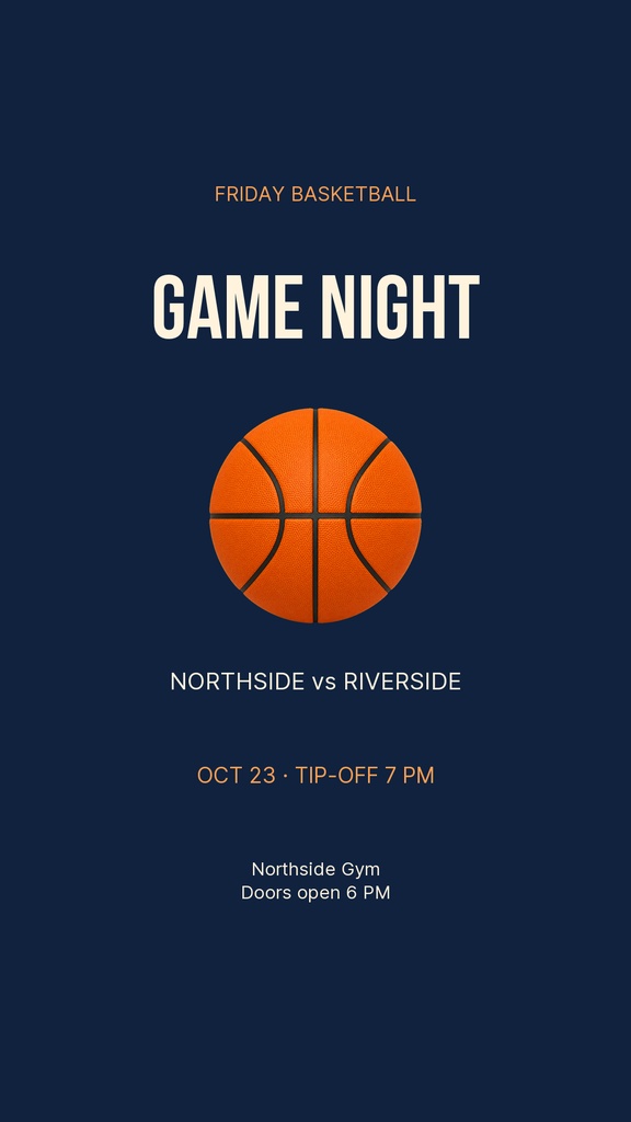 Vertical basketball game night poster with a basketball icon and matchup details on a dark blue background.