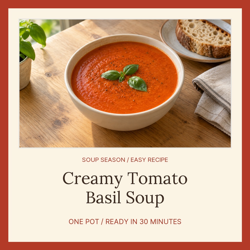 Square recipe post featuring a bowl of creamy tomato basil soup with bread on a wooden table