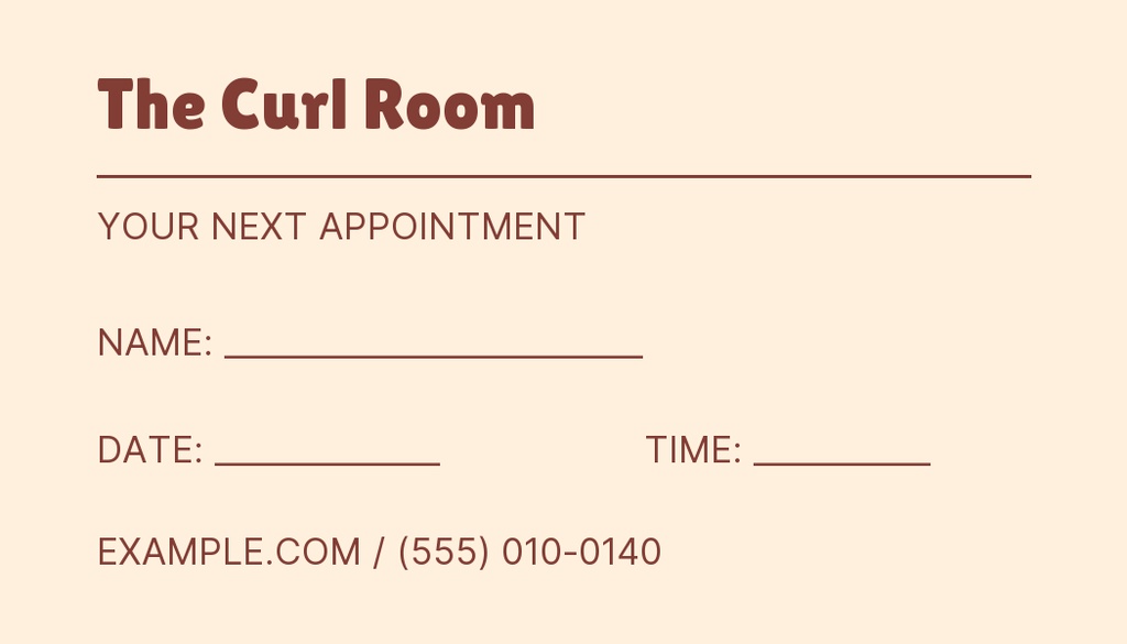 Minimal appointment card with The Curl Room title, name, date, time, and contact line on a beige background.