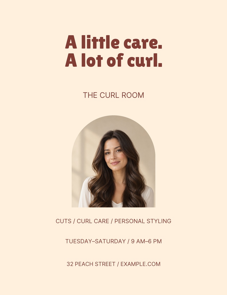 Portrait flyer with a woman’s photo and text for The Curl Room salon services.